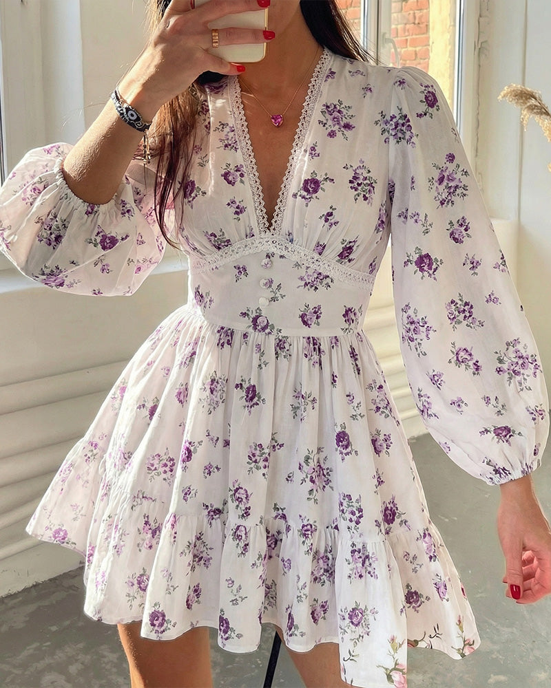Curvvvy® Deep V-Neck Lace Trim Floral Puff Sleeve Mini Dress