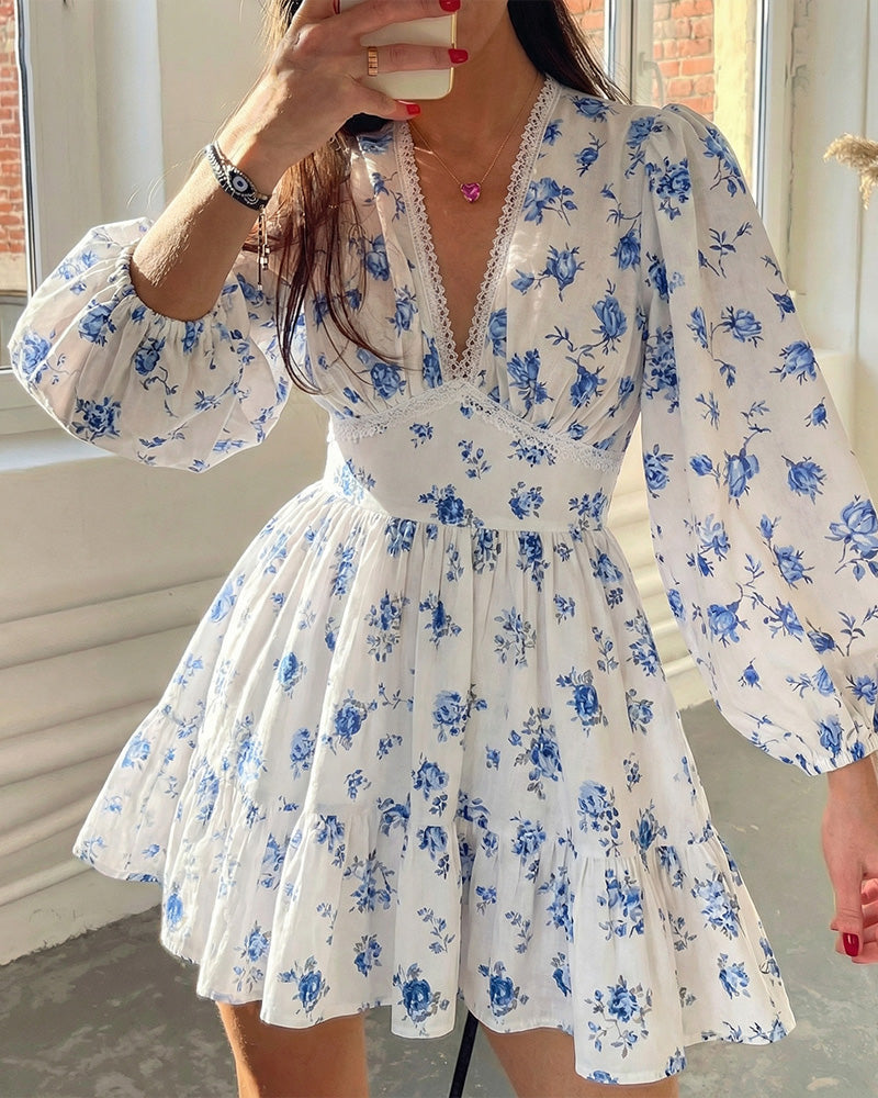 Curvvvy® Deep V-Neck Lace Trim Floral Puff Sleeve Mini Dress