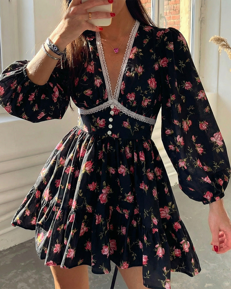 Curvvvy® Deep V-Neck Lace Trim Floral Puff Sleeve Mini Dress