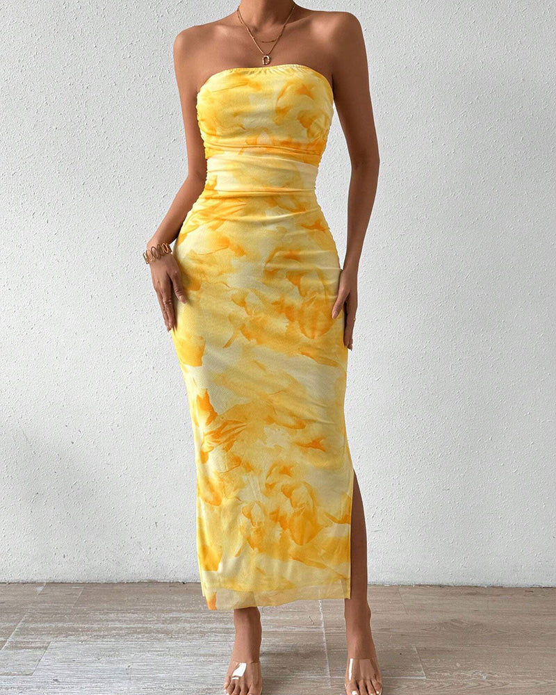 Curvvvy® Yellow Floral High-Slit Bodycon Vacation Dress