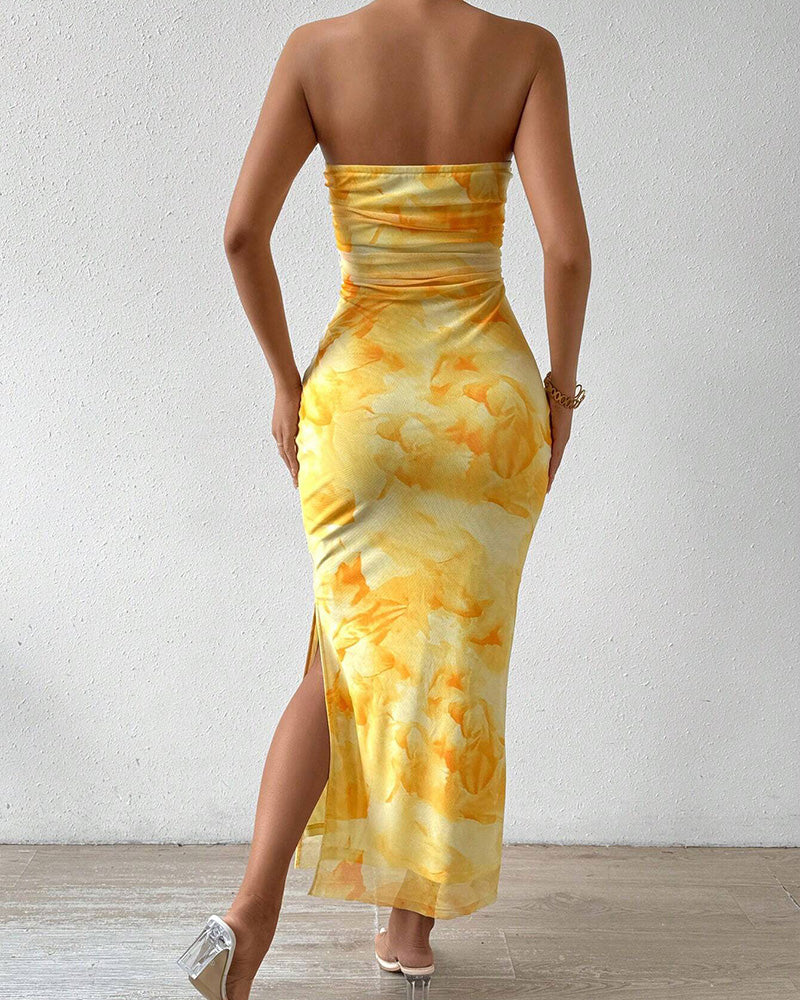 Curvvvy® Yellow Floral High-Slit Bodycon Vacation Dress