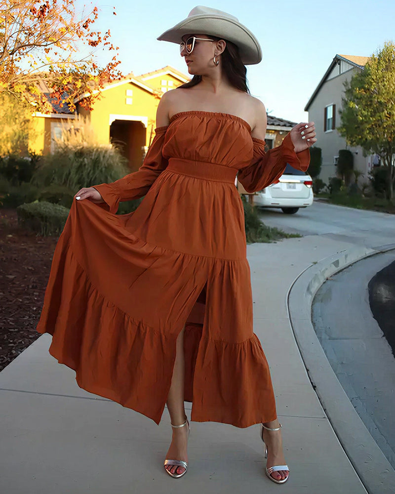 Curvvvy® Boho Off-Shoulder Smocked Maxi Dress