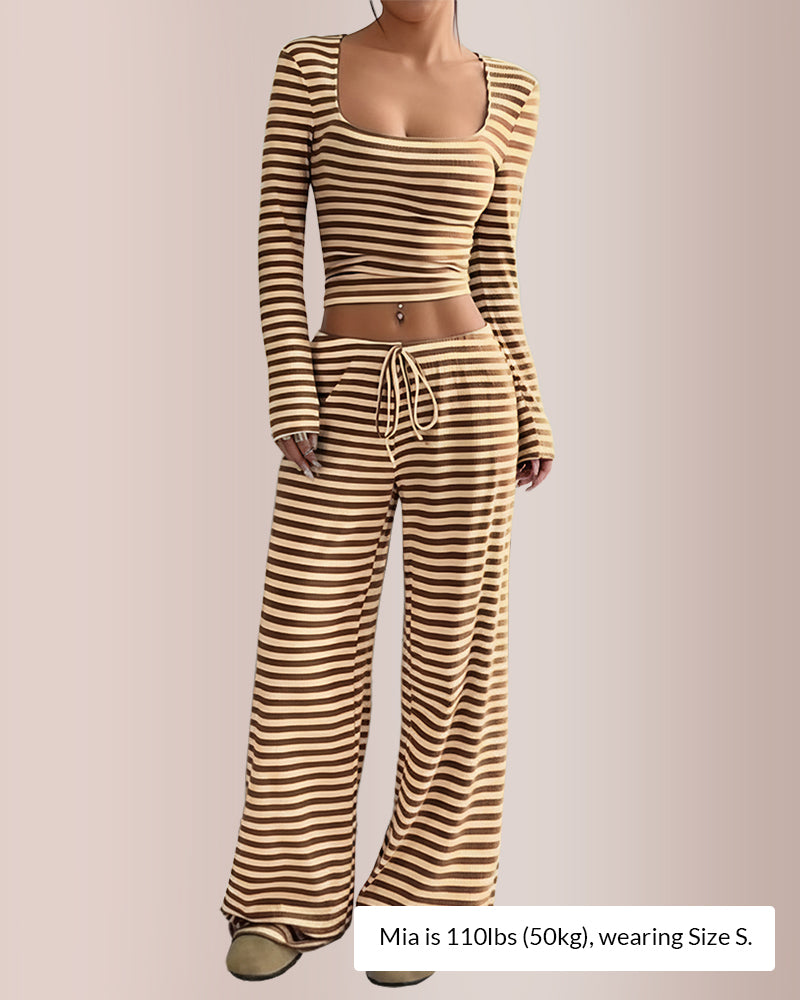 Curvvvy® Women’s Stripe Square Neck Crop Top & Wide Leg Pants Set