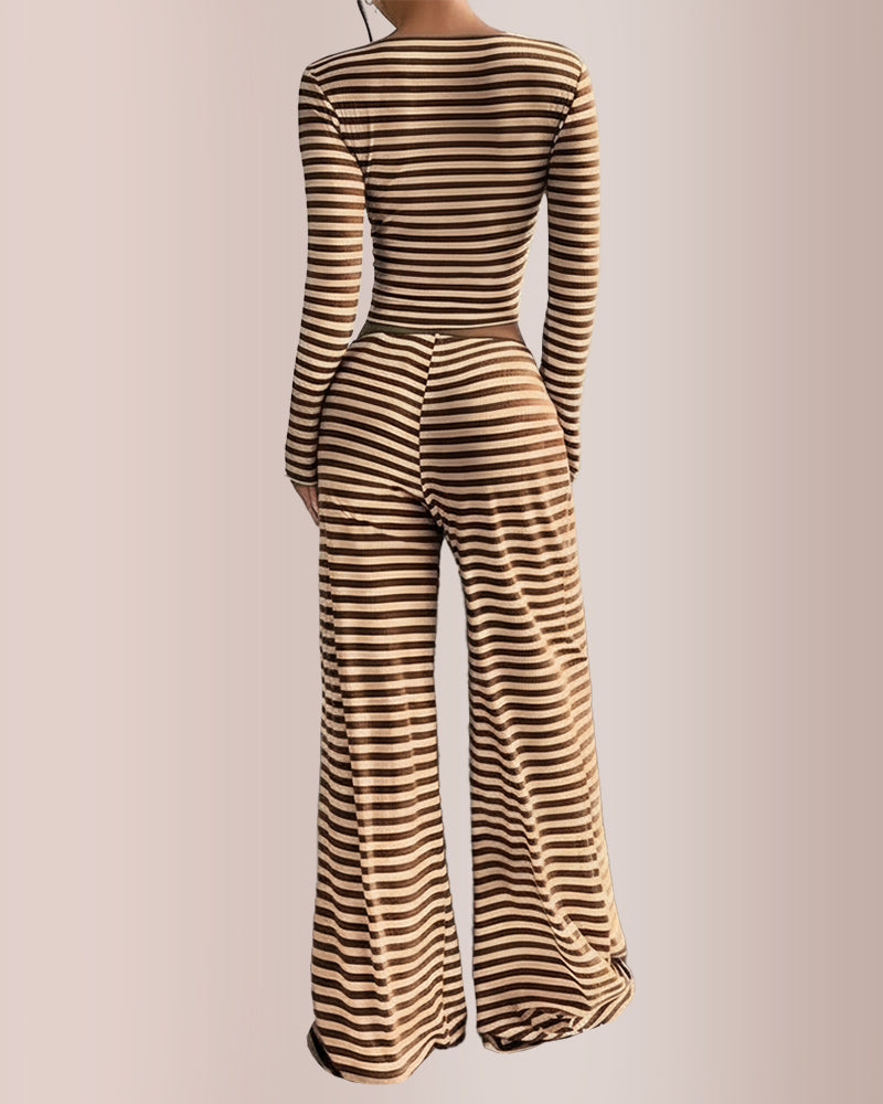 Curvvvy® Women’s Stripe Square Neck Crop Top & Wide Leg Pants Set