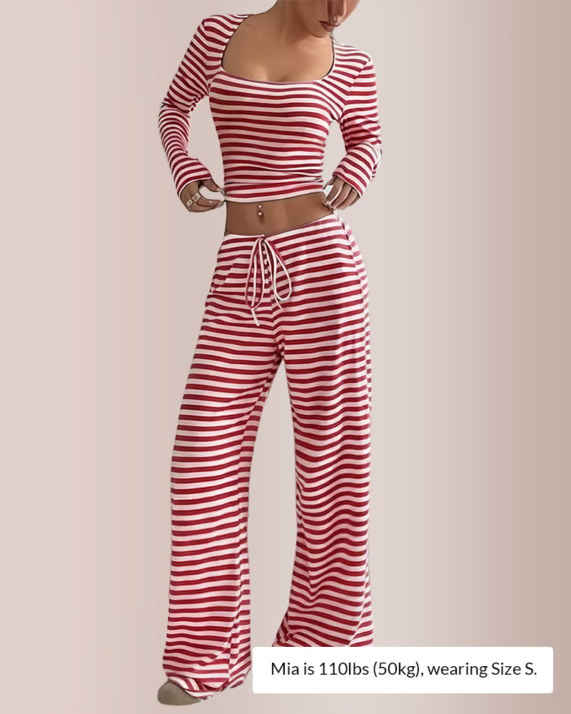 Curvvvy® Women’s Stripe Square Neck Crop Top & Wide Leg Pants Set