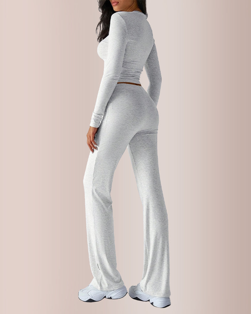 Curvvvy® Solid Long Sleeve Crop Top & Drawstring Pants Set
