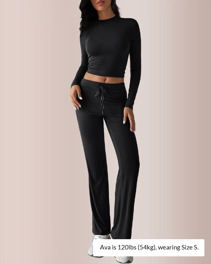 Curvvvy® Solid Long Sleeve Crop Top & Drawstring Pants Set