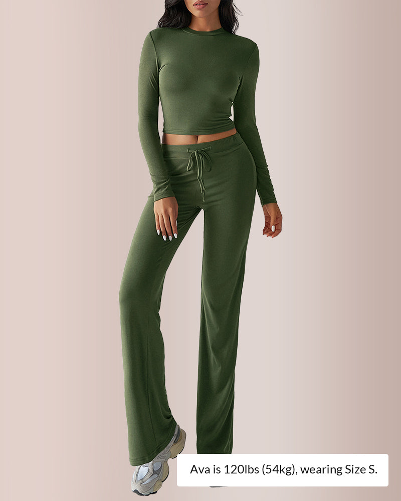 Curvvvy® Solid Long Sleeve Crop Top & Drawstring Pants Set