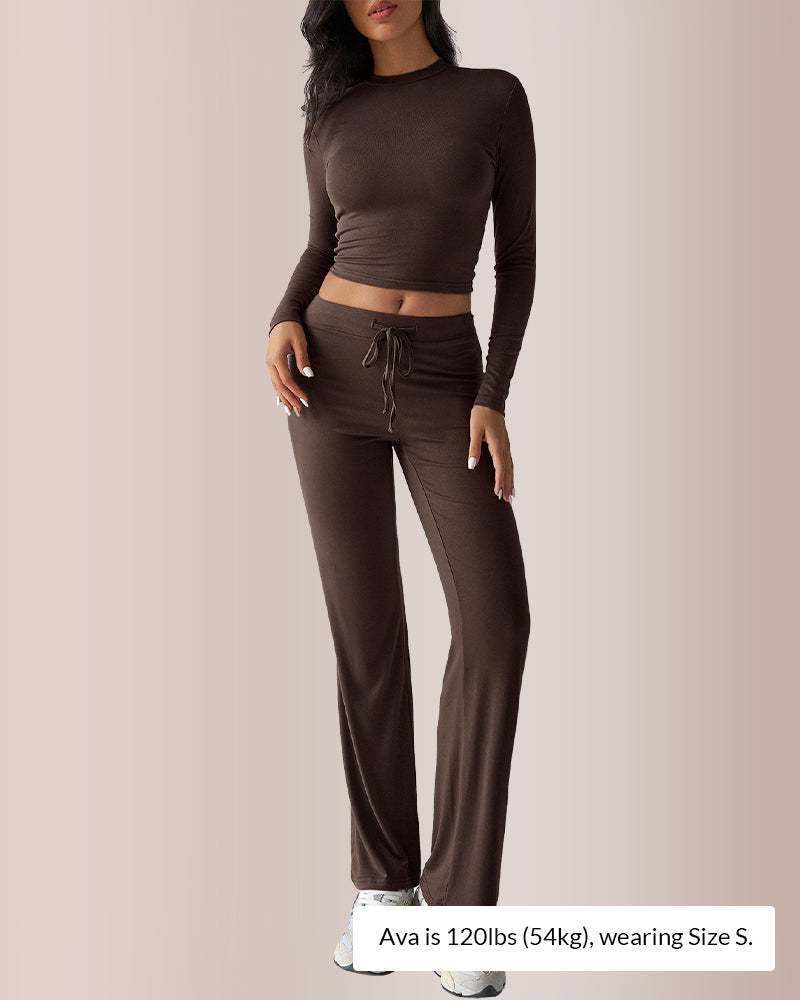 Curvvvy® Solid Long Sleeve Crop Top & Drawstring Pants Set