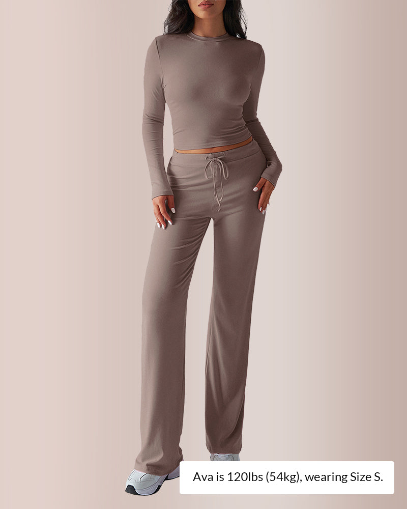 Curvvvy® Solid Long Sleeve Crop Top & Drawstring Pants Set