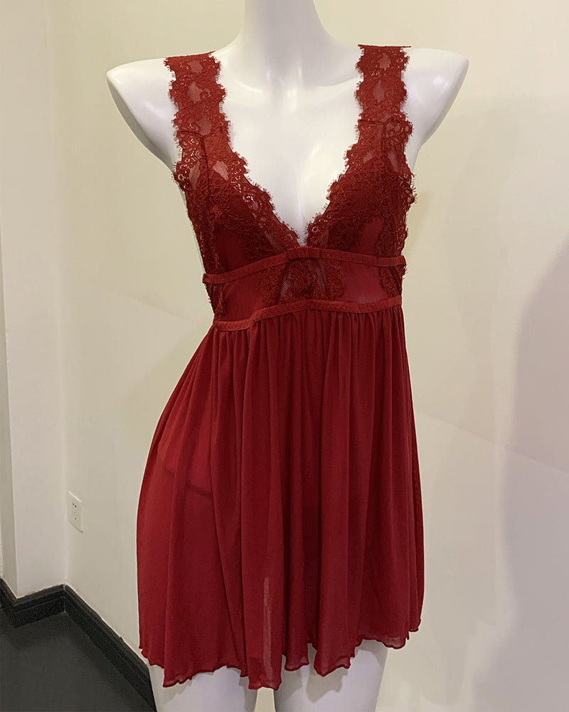 Curvvvy® Deep V Lace Babydoll Chemise Set