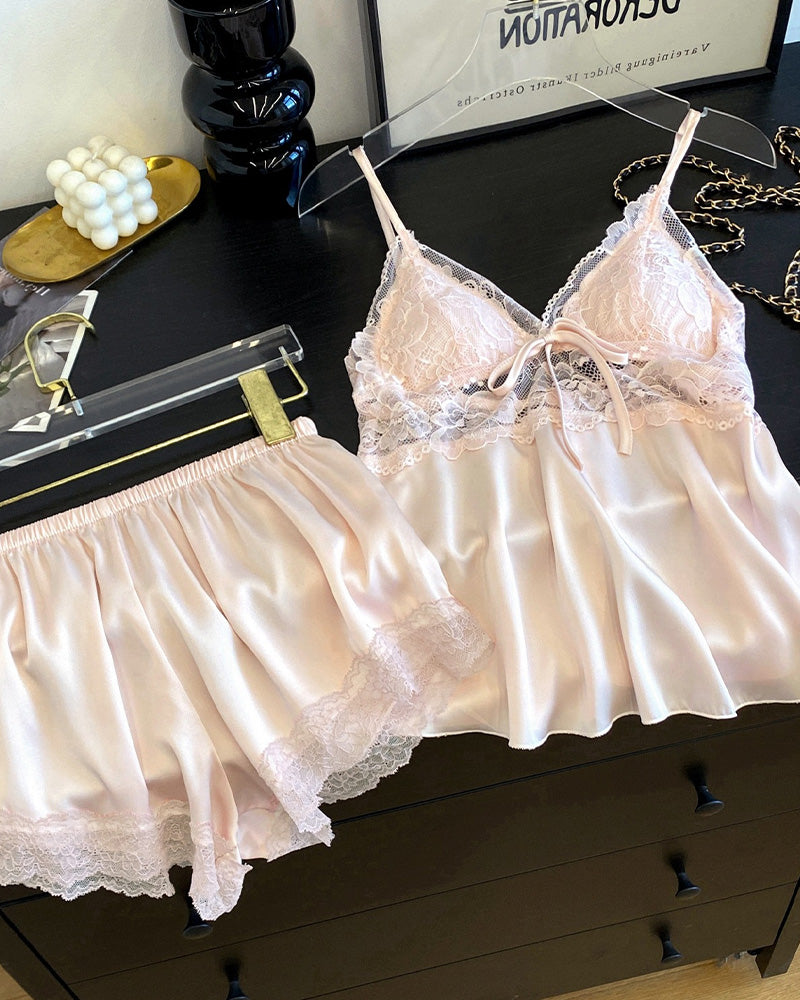 Curvvvy® Lace Trim Satin Cami & Shorts Pajama Set
