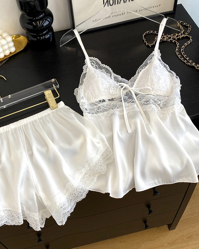 Curvvvy® Lace Trim Satin Cami & Shorts Pajama Set
