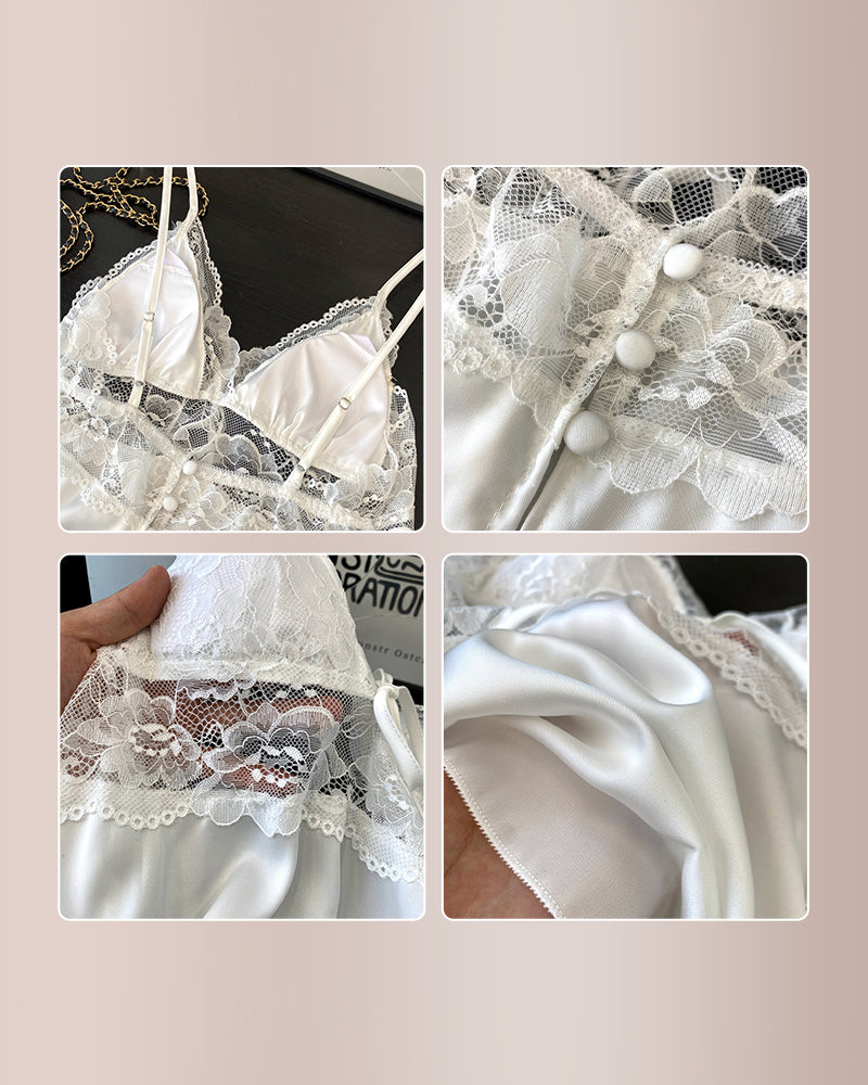 Curvvvy® Lace Trim Satin Cami & Shorts Pajama Set