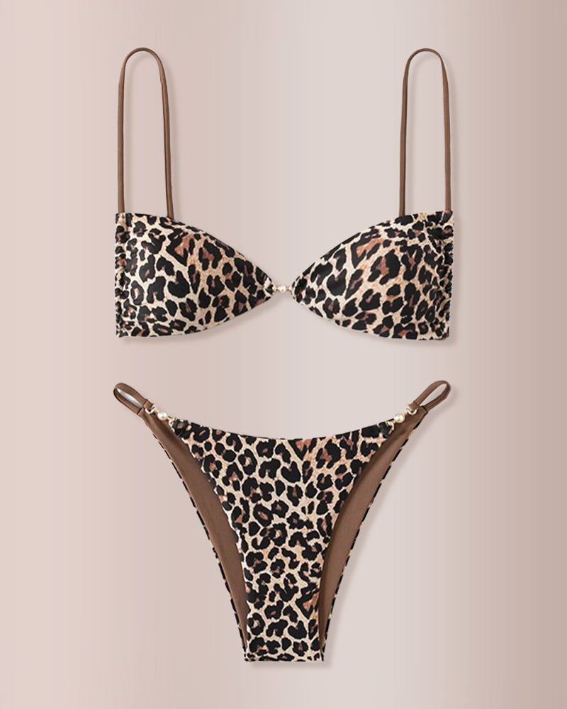 Curvvvy® Wild Luxe Pearl Detail Leopard Thong Bikini Swimwear