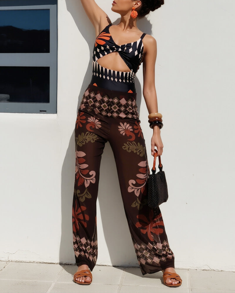 Curvvvy®Retro Print Mesh Pant Modest Swimsuit Set