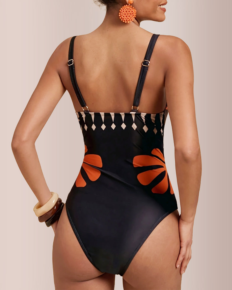 Curvvvy®Retro Print Mesh Pant Modest Swimsuit Set