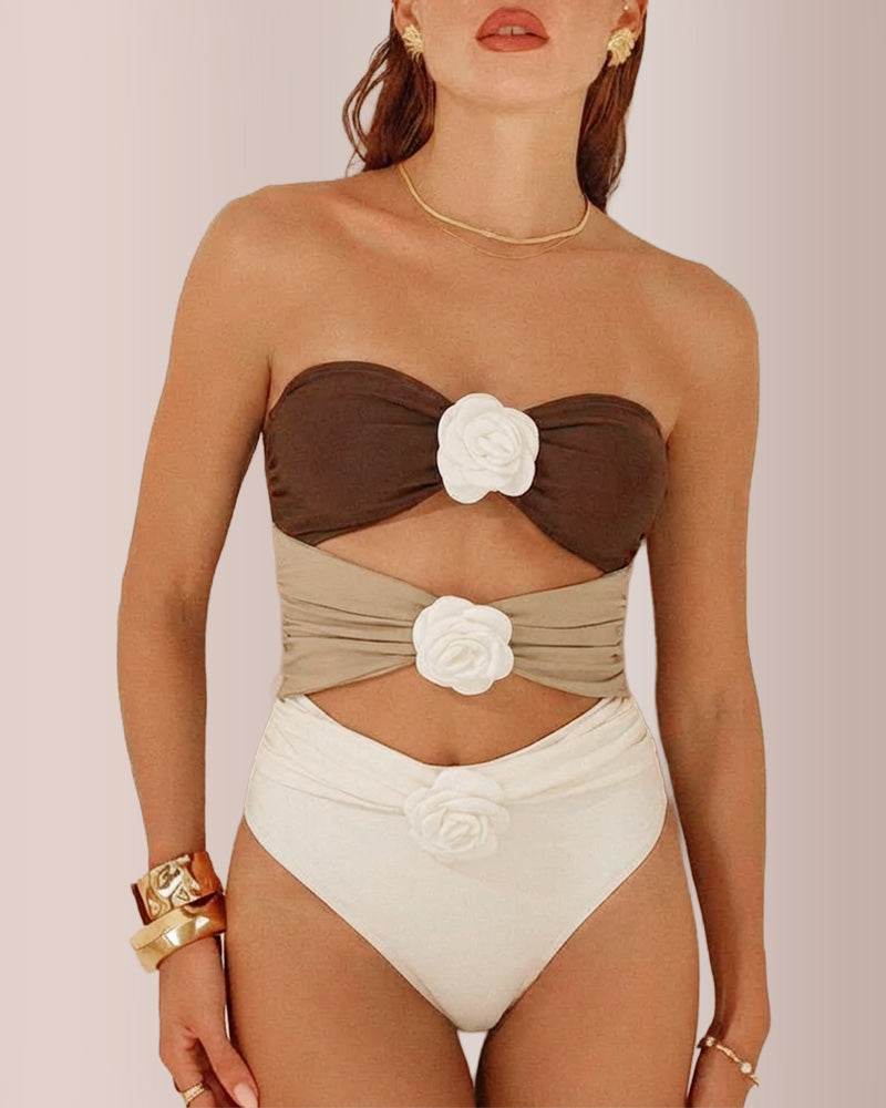 Curvvvy®Tricolore Strapless Floral Appliqué One-Piece Swimsuit