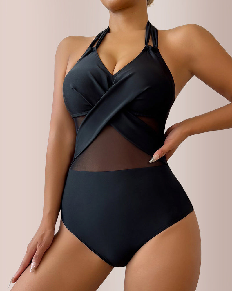 Curvvvy® Criss-Cross Mesh Halter One-Piece Swimwear