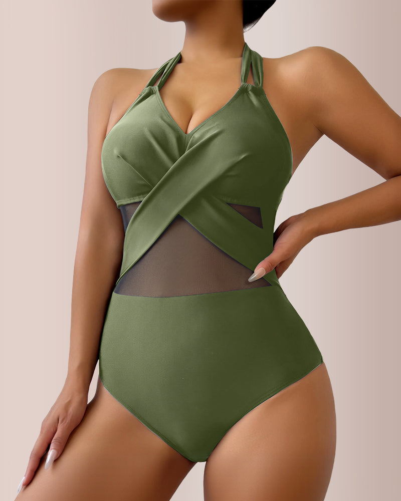 Curvvvy® Criss-Cross Mesh Halter One-Piece Swimwear