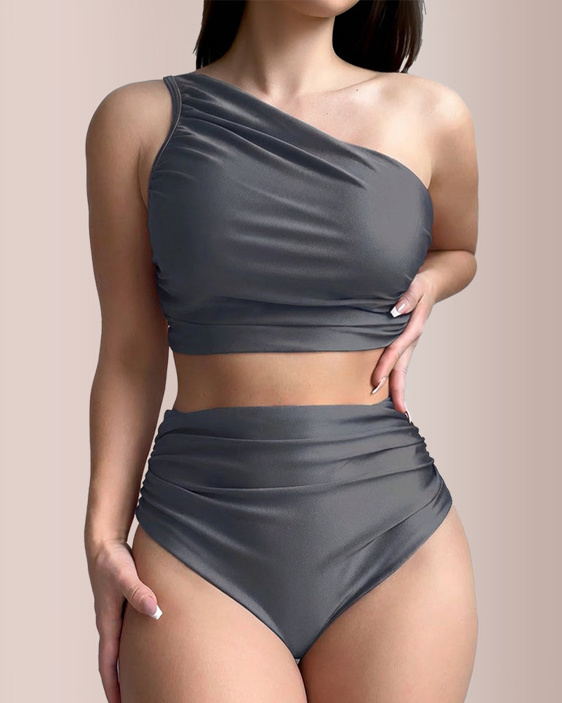Curvvvy® Asymmetrical Ruched High-Waist Swimwear