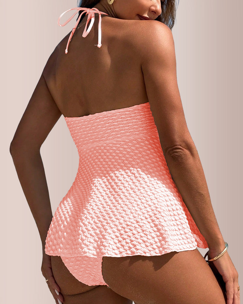 Curvvvy® Textured Babydoll Flared High-Waist Bikini Swimwear