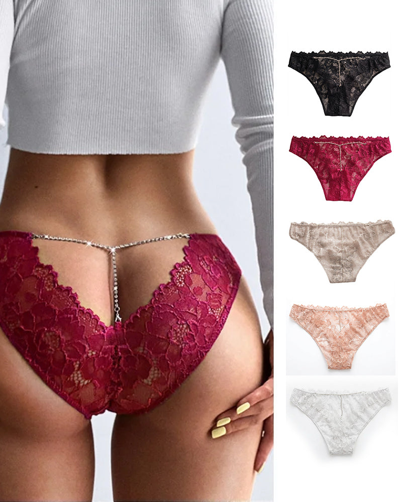 Curvvvy® Low-Rise Rhinestone Chain Sheer Floral Lace Thong Panties