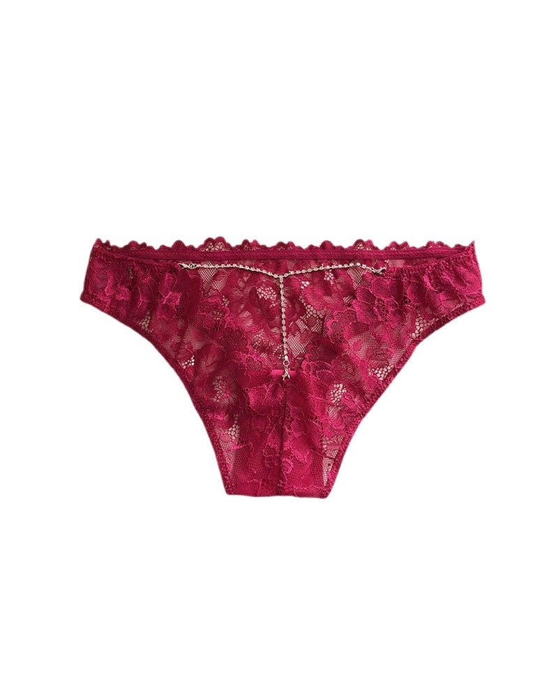 Curvvvy® Low-Rise Rhinestone Chain Sheer Floral Lace Thong Panties