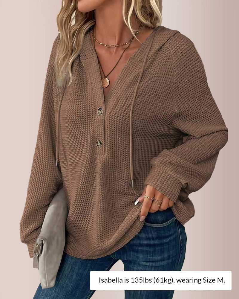 Curvvvy® Waffle Knit Half-Button Hooded Top