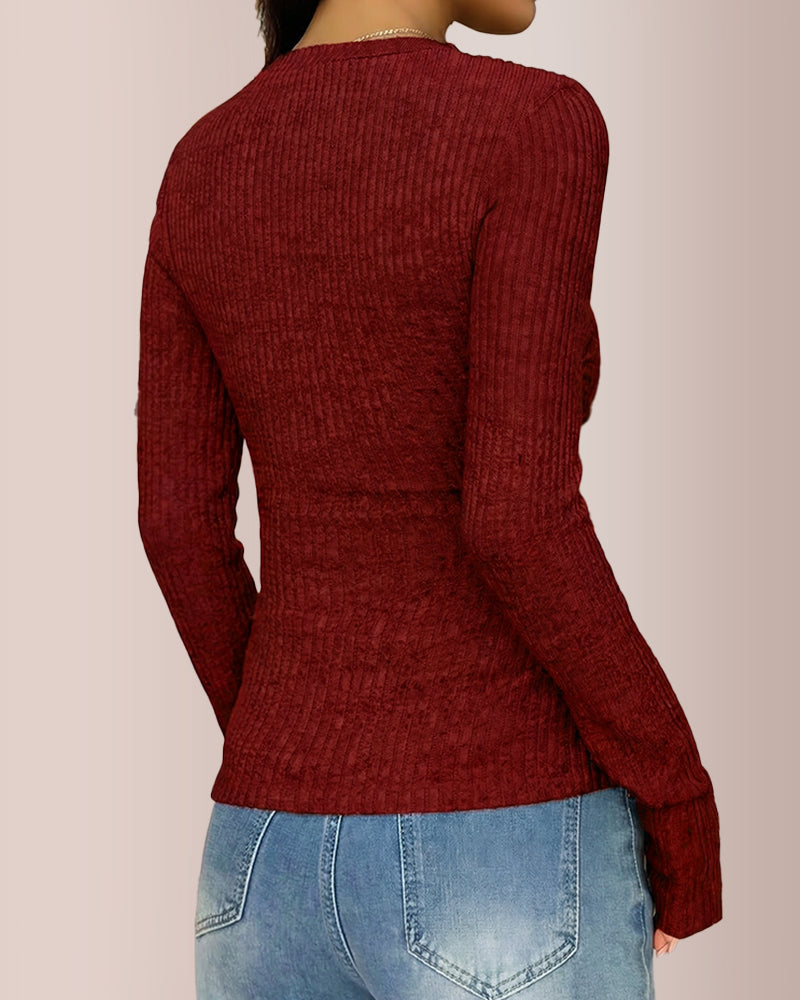 Curvvvy® Contrast Lace Rib-Knit Button Up Long Sleeve T-Shirt