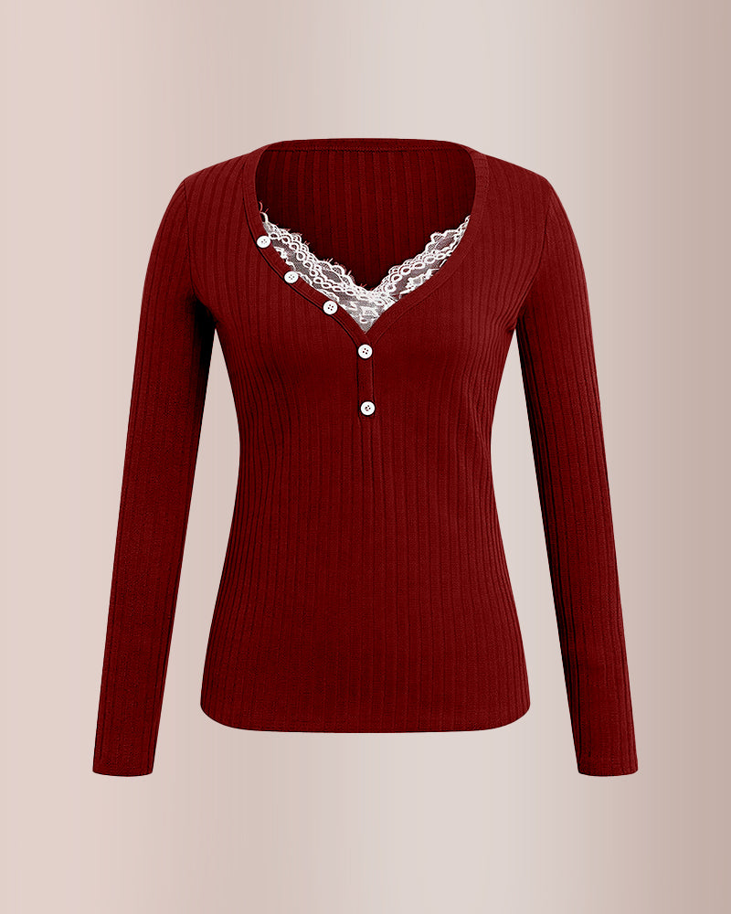 Curvvvy® Contrast Lace Rib-Knit Button Up Long Sleeve T-Shirt