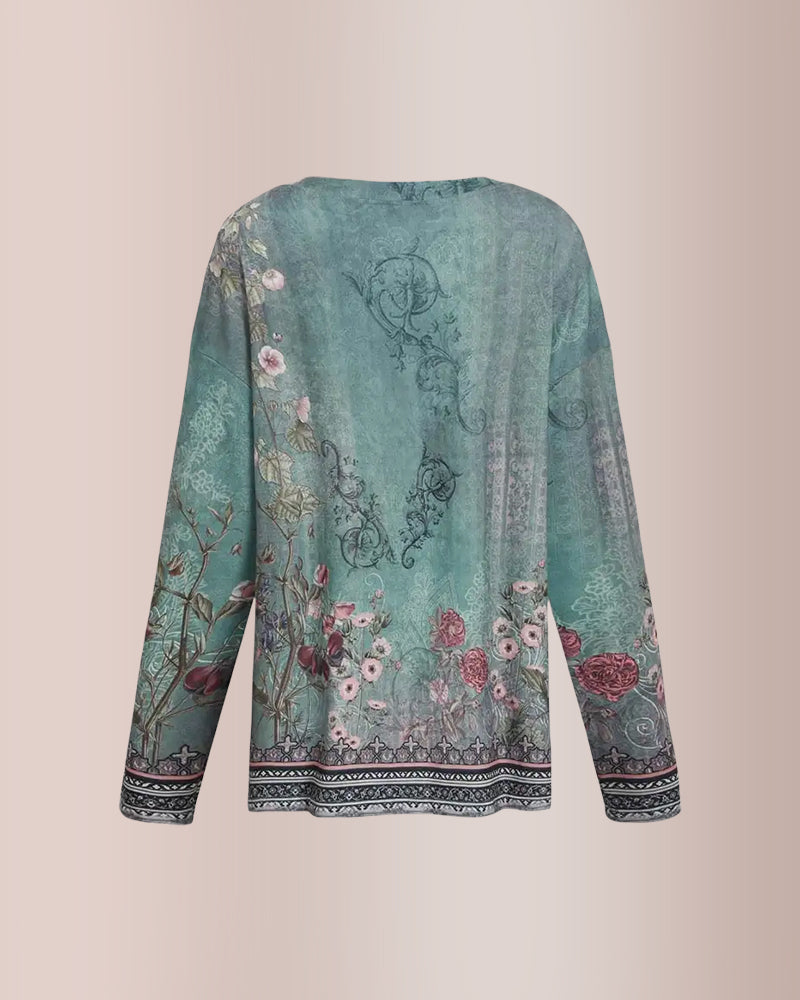 Curvvvy® Floral Print Ring Zip Up Round Neck Long Sleeve T-Shirt