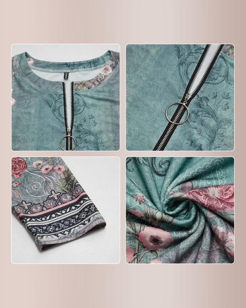 Curvvvy® Floral Print Ring Zip Up Round Neck Long Sleeve T-Shirt