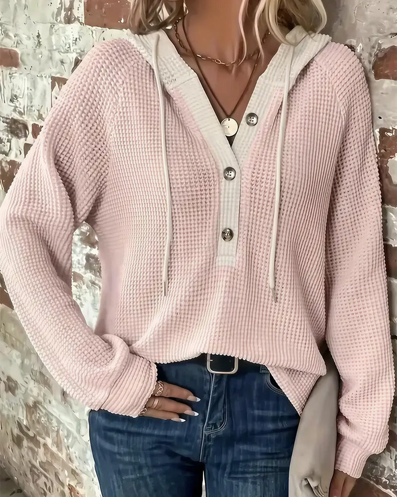 Curvvvy® Waffle Knit Drawstring Button Front Contrast Binding Hoodie