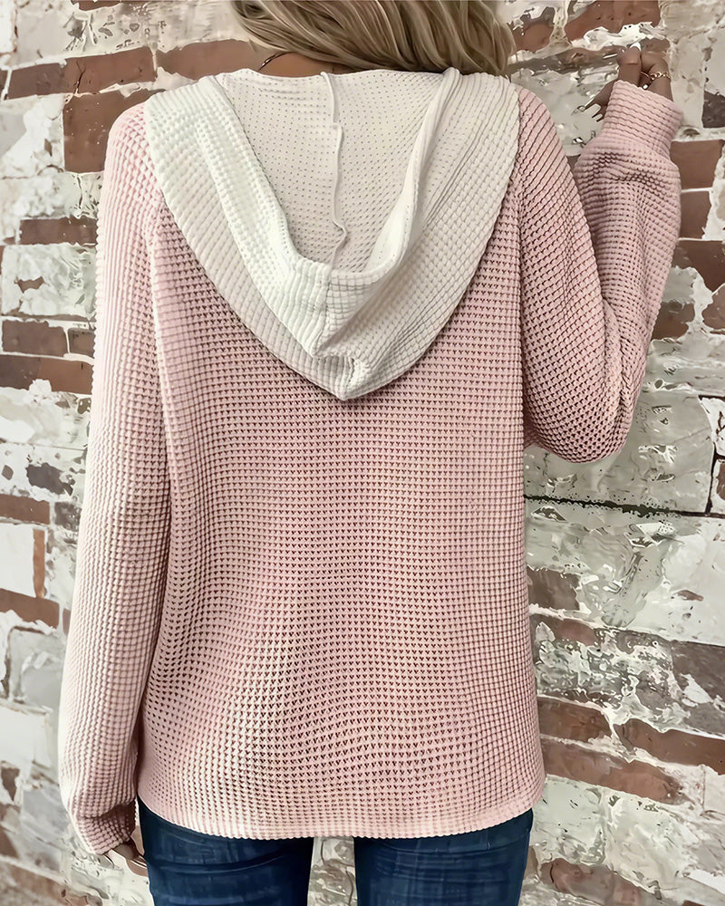 Curvvvy® Waffle Knit Drawstring Button Front Contrast Binding Hoodie