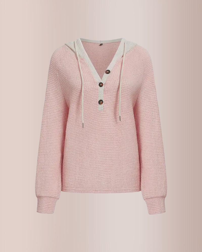 Curvvvy® Waffle Knit Drawstring Button Front Contrast Binding Hoodie