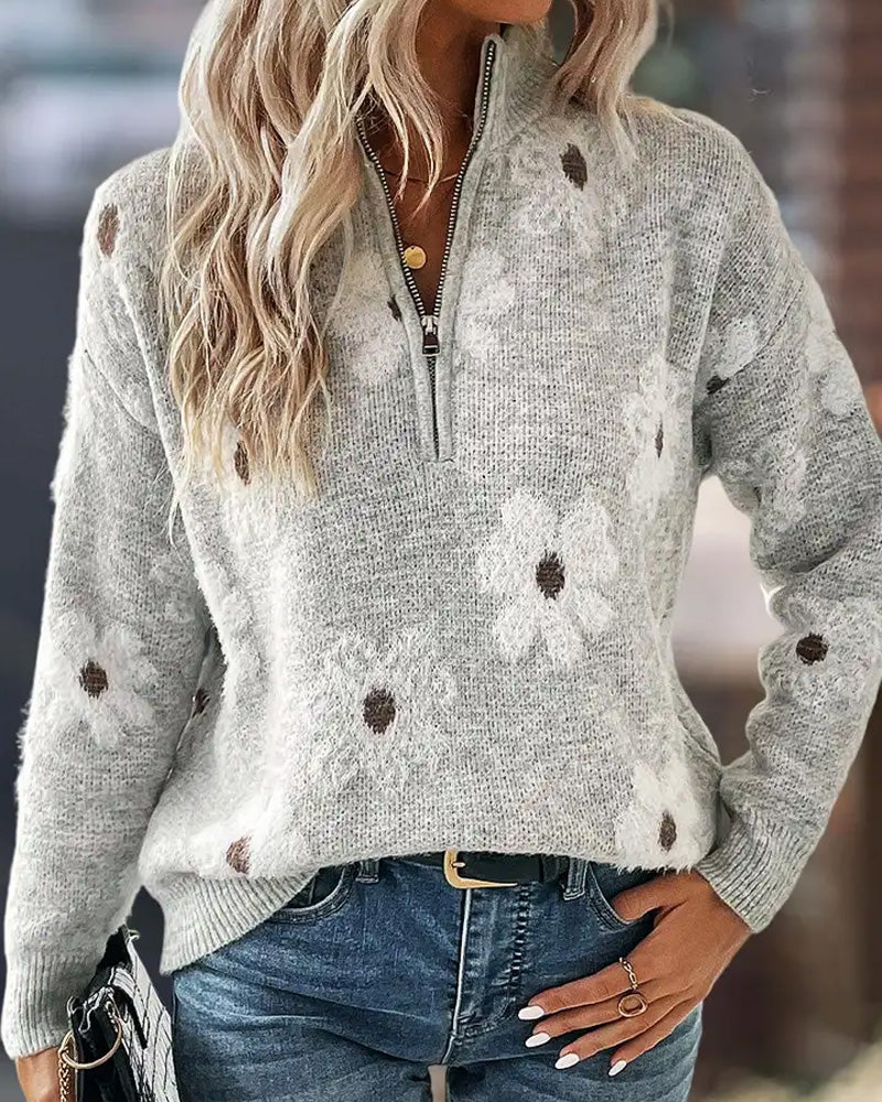 Curvvvy® Floral Pattern Half Zip High Neck Sweater