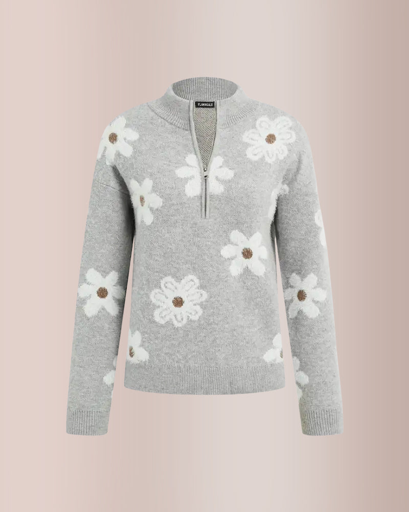 Curvvvy® Floral Pattern Half Zip High Neck Sweater