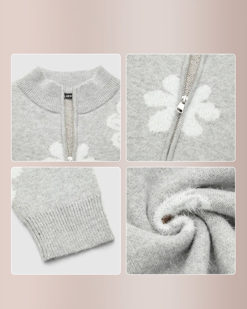 Curvvvy® Floral Pattern Half Zip High Neck Sweater