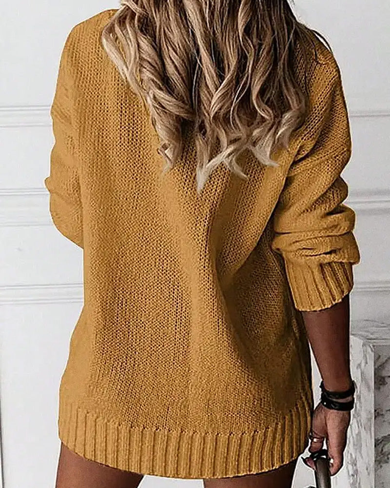 Curvvvy® Solid Ribbed V Neck Long Sleeve Sweater