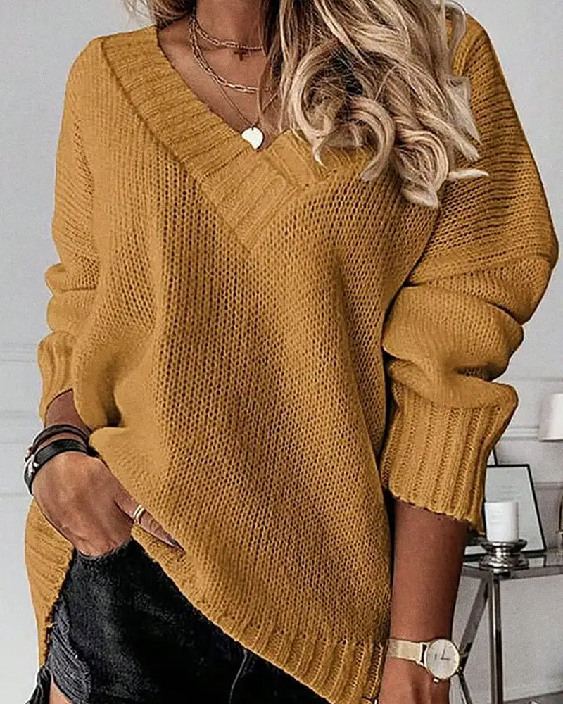 Curvvvy® Solid Ribbed V Neck Long Sleeve Sweater