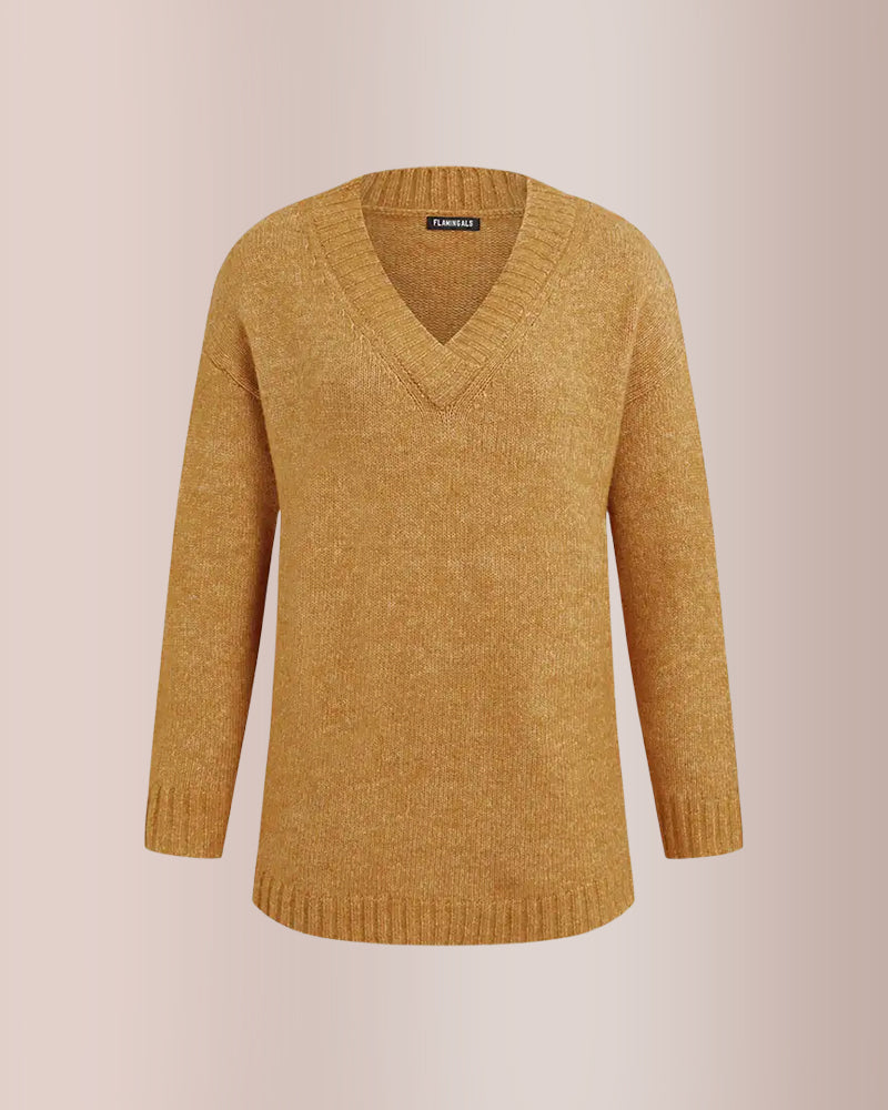 Curvvvy® Solid Ribbed V Neck Long Sleeve Sweater