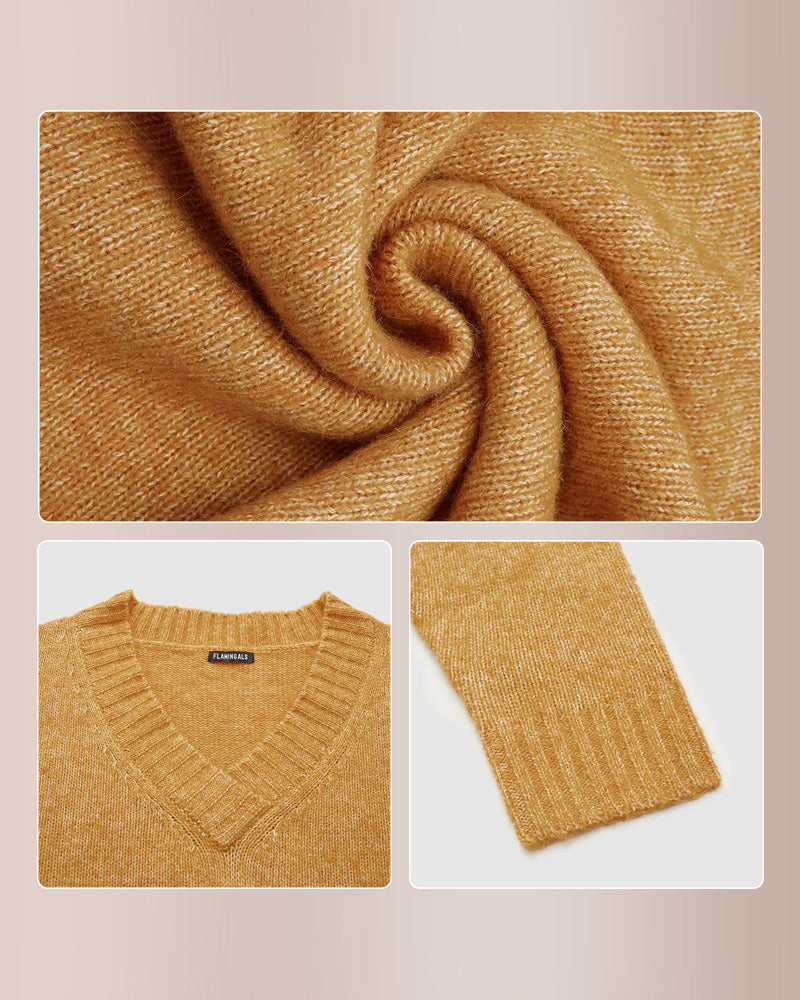 Curvvvy® Solid Ribbed V Neck Long Sleeve Sweater