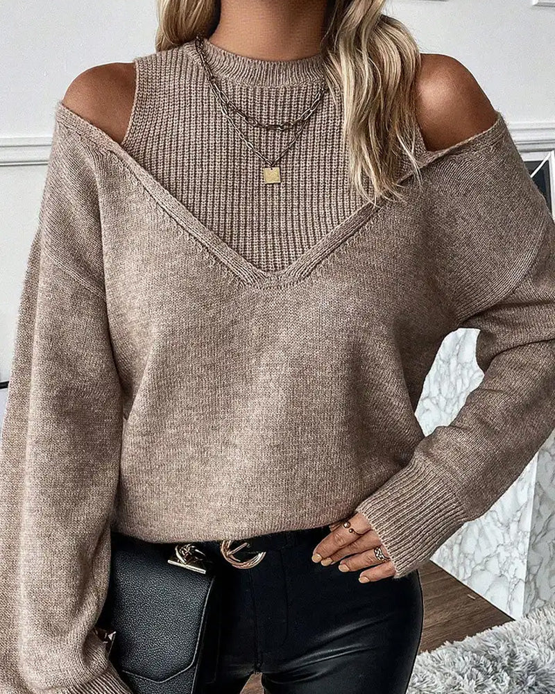 Curvvvy® Solid Ribbed Cold Shoulder 2-In-1 Sweater