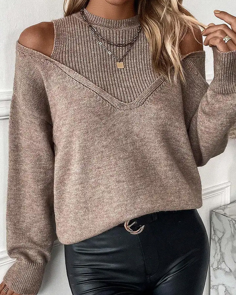 Curvvvy® Solid Ribbed Cold Shoulder 2-In-1 Sweater